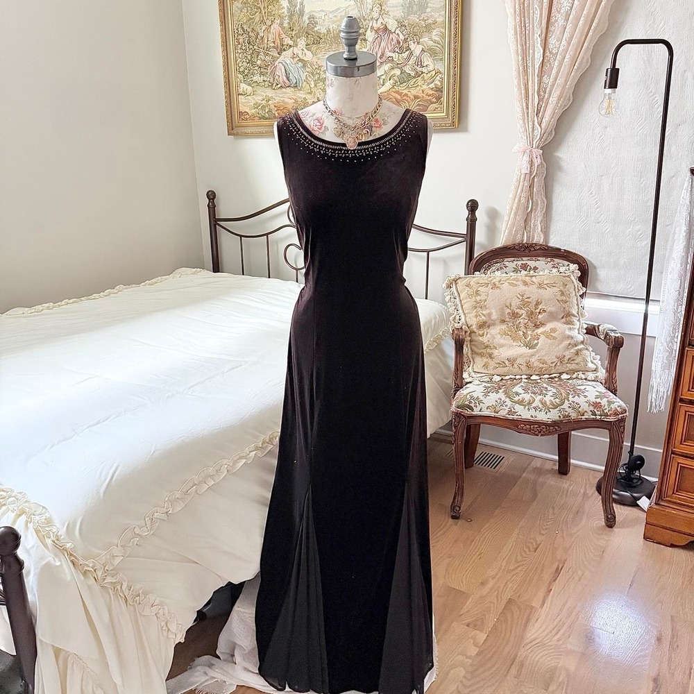 Velvet Beaded prom Dress 90s Dressbarn size 16 brown velvet maxi dress